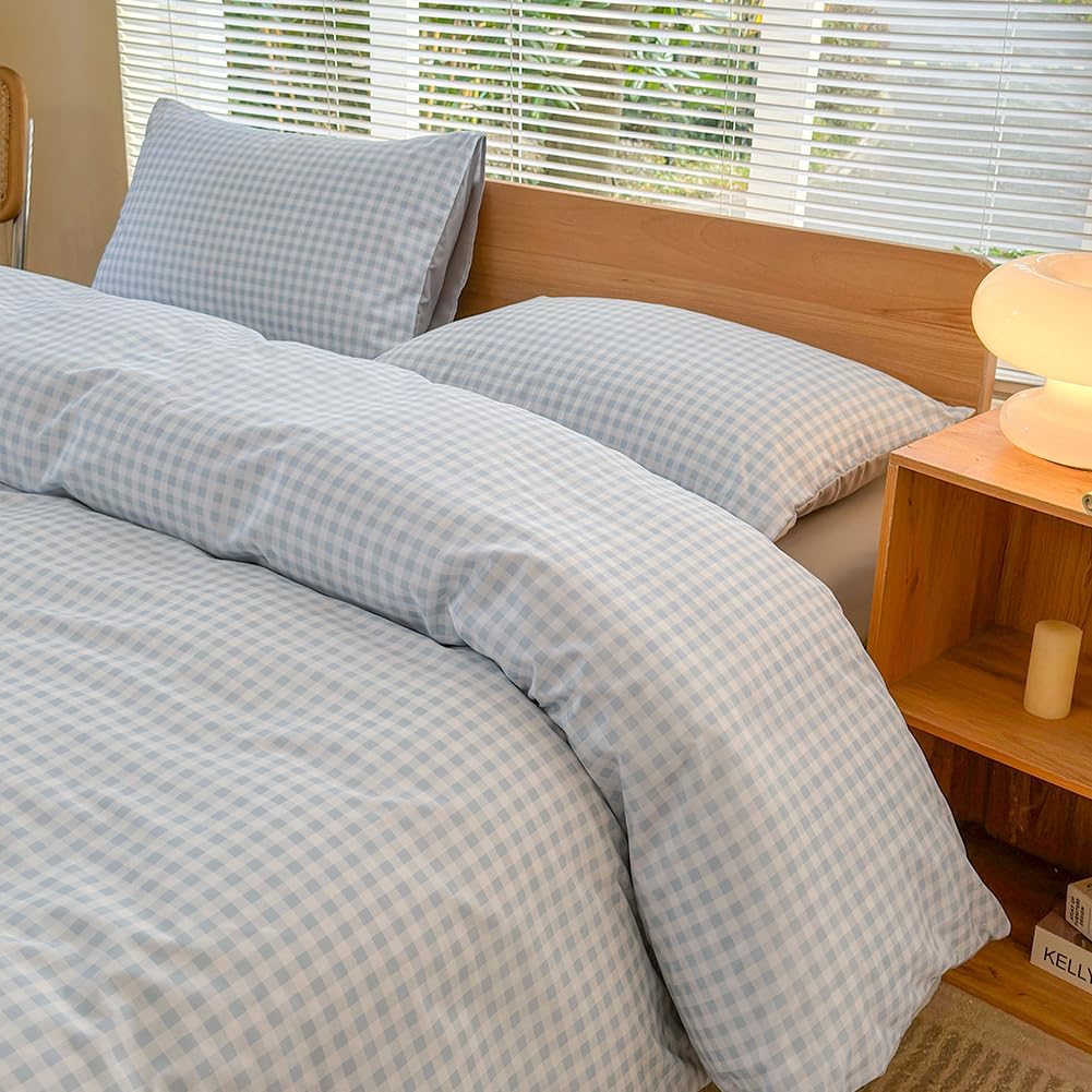 NSNLGSGC Light Blue Gingham Duvet Cover Set King, Blue Grid Simple Geometric Square Pattern Comforter Cover,Soft Plaid Washed Microfiber Bedding Cover(3PCS,King)