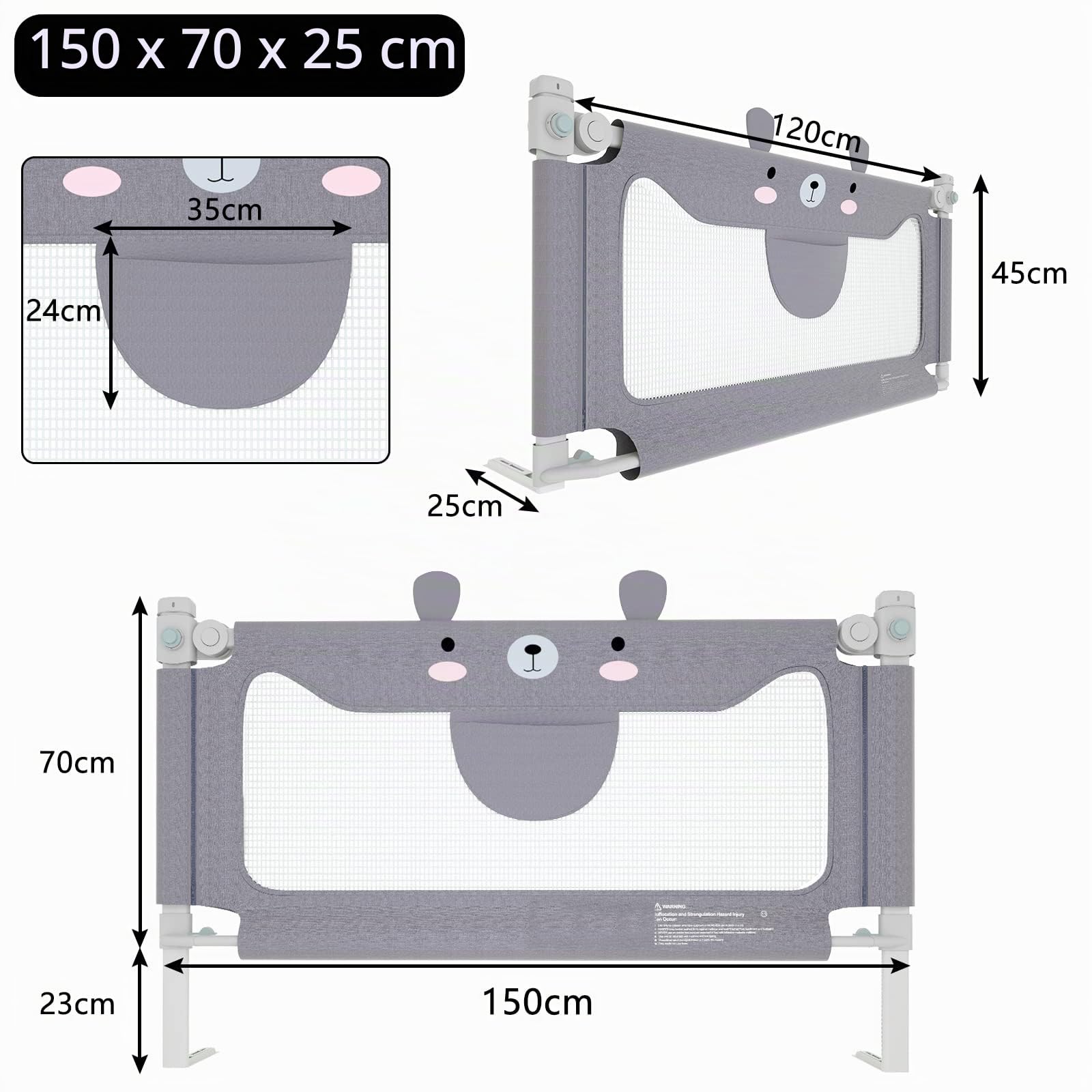UISEBRT Barriera per Letto Bambini, sponda letto barriera protettiva Regolabile, Barriera Protezione, AltezzaRegolabile 150 cm, per Neonati Bambino, con motivo orso, grigio