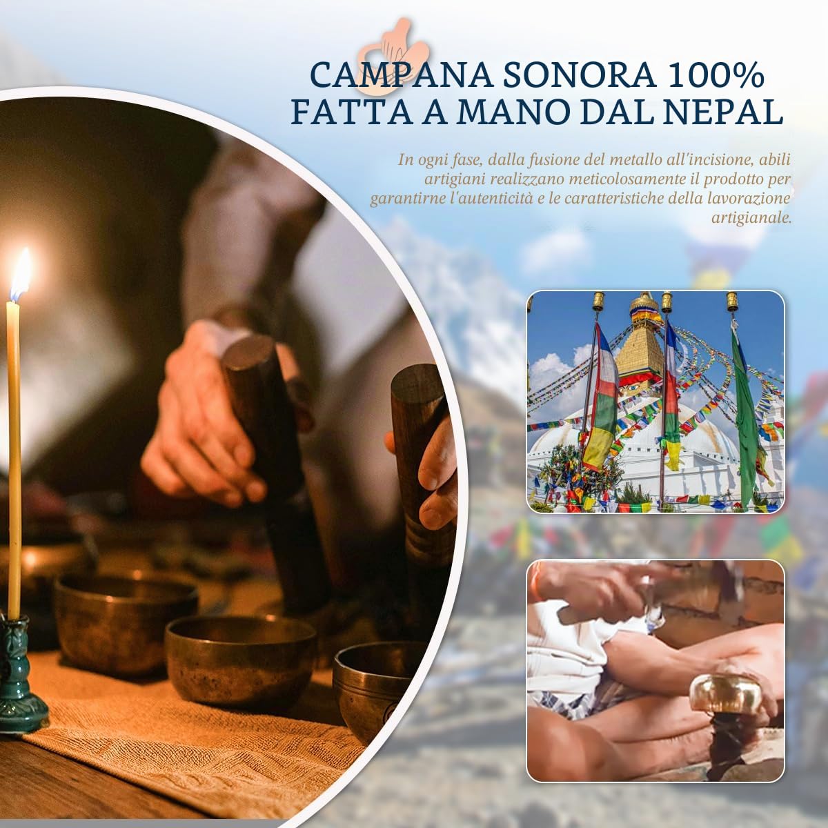 Set di campane tibetane 100% martellate a mano in Nepal, ciotola sonora per meditazione, yoga, chakra, regali unici per donne e uomini (8x11x14 cm)