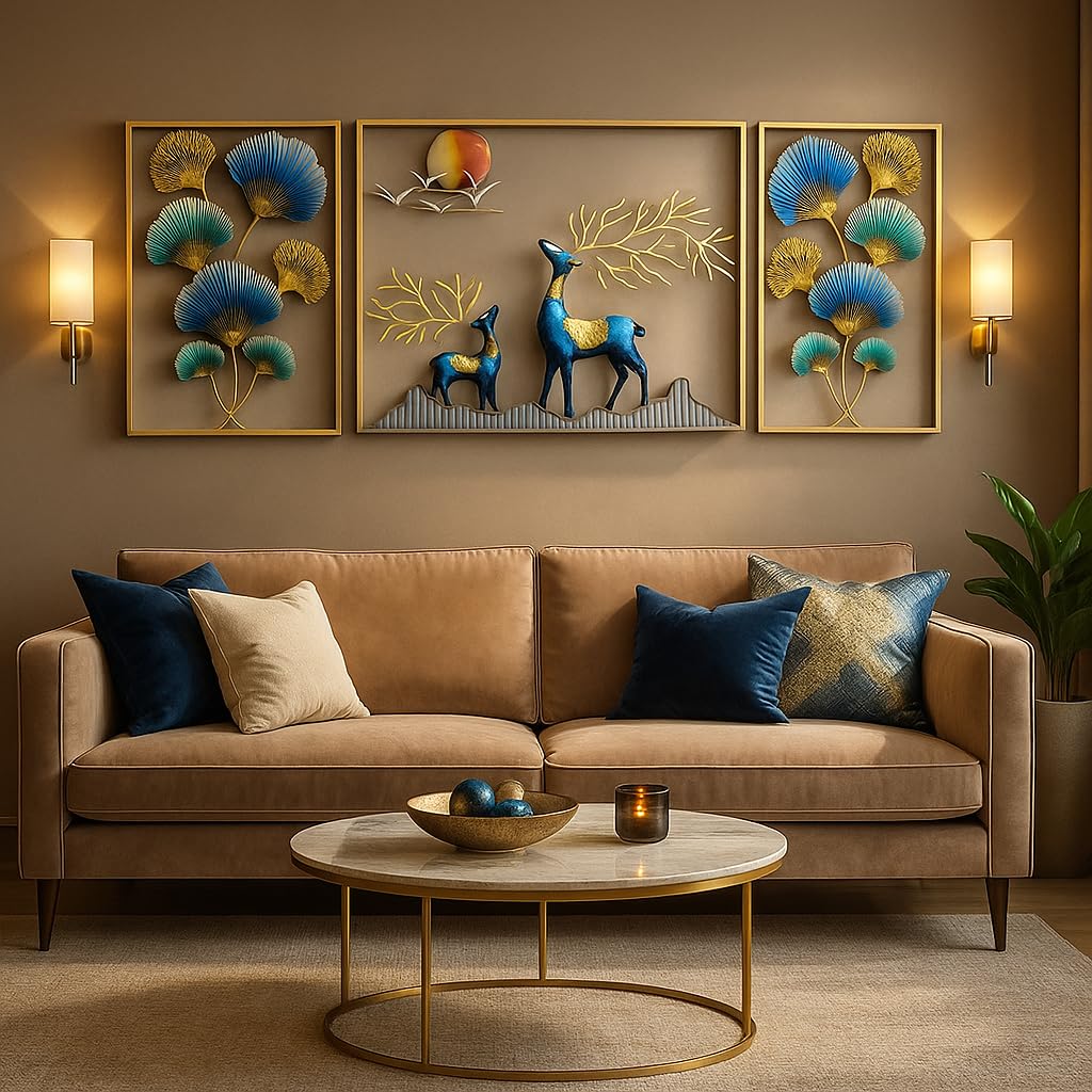 pranjals house Deer Metal Wall Art, LED Ginkgo Leaves and Deer Design Wall Decor, Gold Frame Living Room Decor