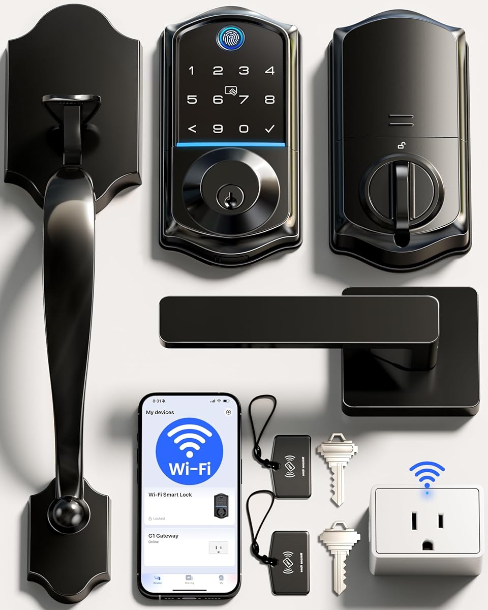 Veise VE017G-H Wi-Fi Smart Fingerprint Front Door Lock Set, Remote App Control, Keyless Entry Deadbolt with Handle, Backlit Keypad, IP55 Weatherproof, Auto Lock, Easy to Install, Matte Black