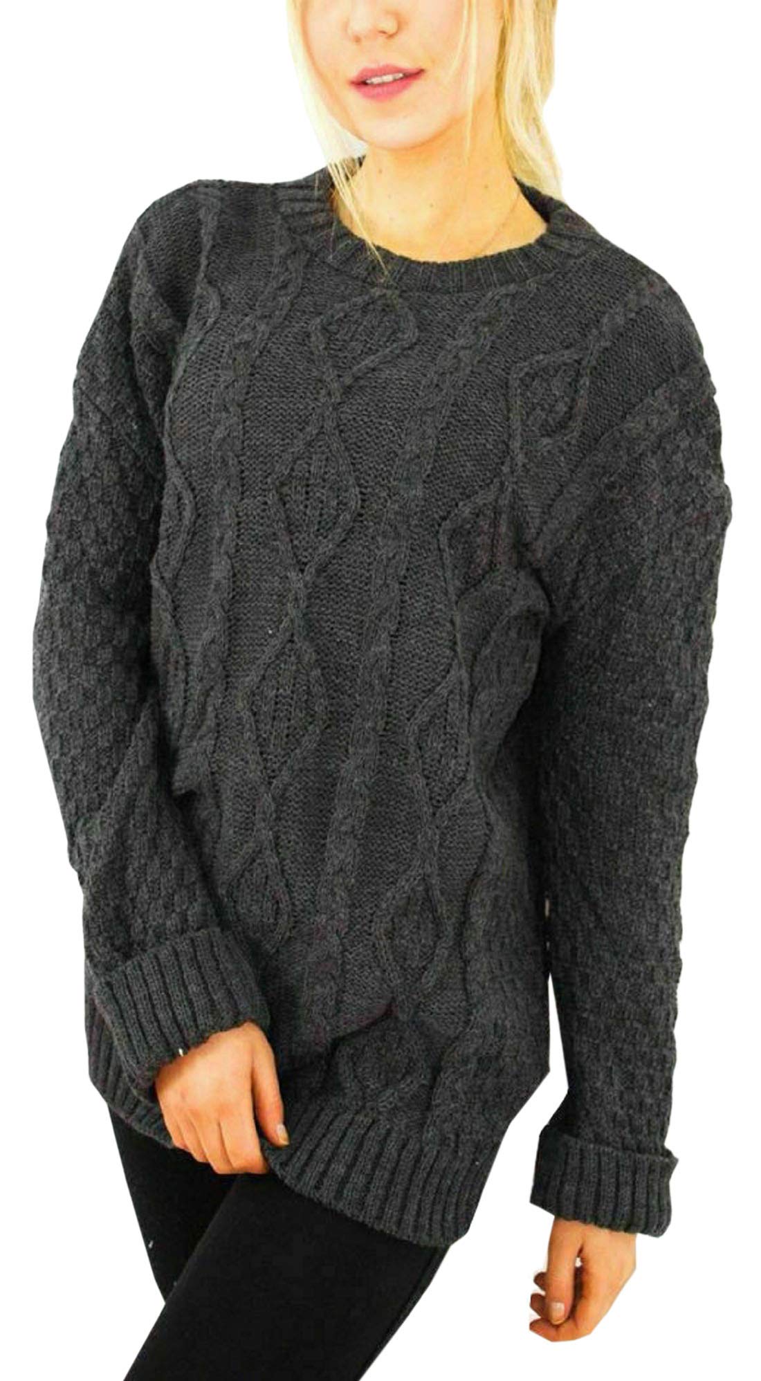 Metluq M0d4 Women's Charcoal New Long Sleeve Chunky Cable Knitted Jumper Crew Neck Winter Sweater Top (, Uk 12-14)