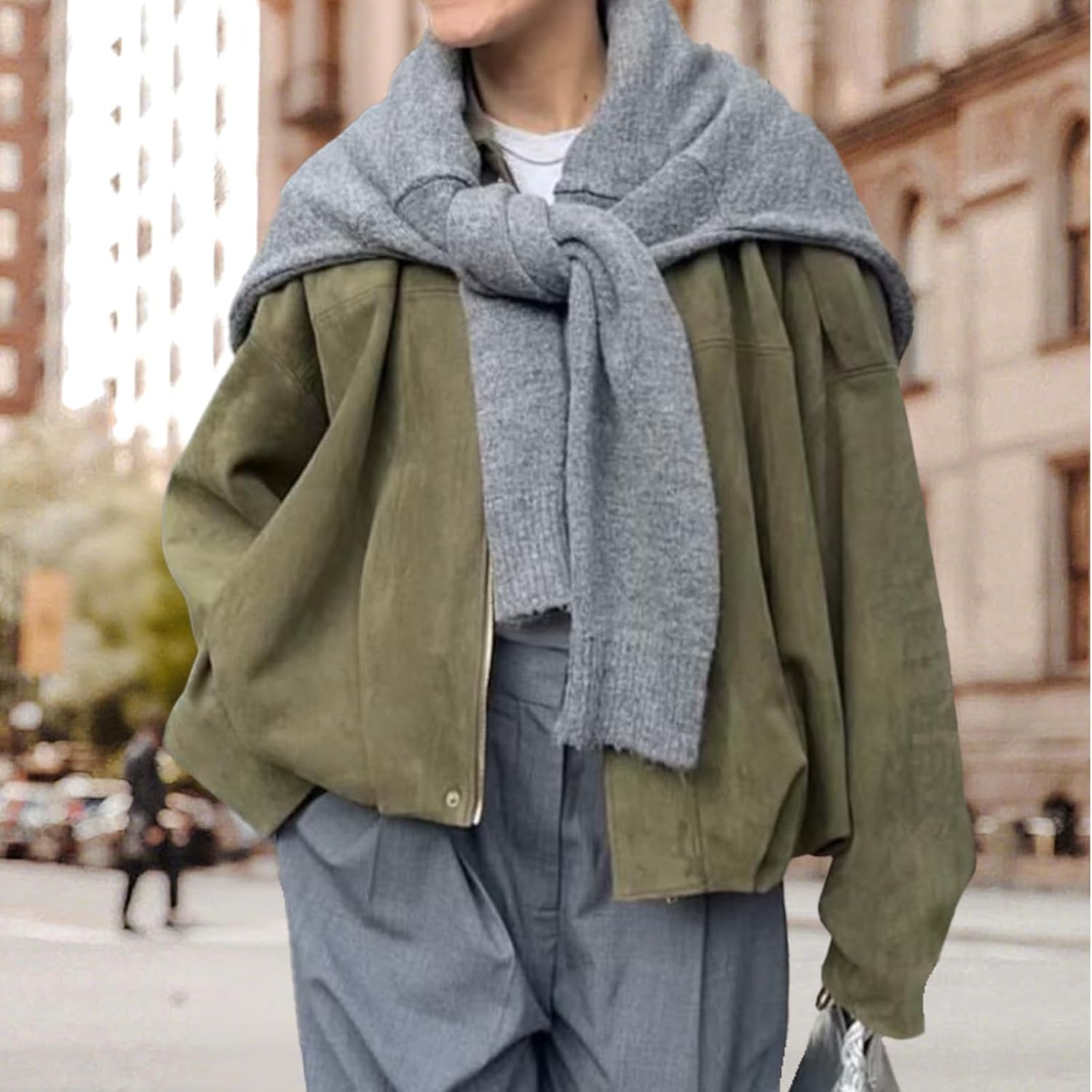 AIWUFLY Womens Suede Zip Up Bomber Jacket Oversized Long Sleeve Pleated Pilot Coat 2025 Casual Fashion Fall Cropped Outerwear - Image 7