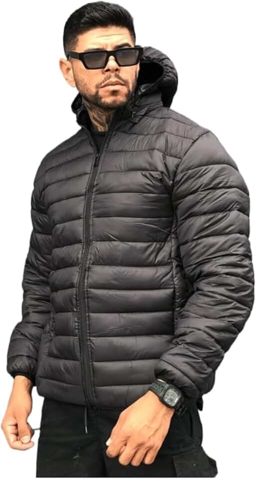 Jaqueta Puffer Masculina com Capuz, Cinza, Acolchoada, Zíper Frontal, Inverno