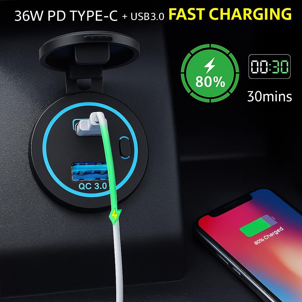 MGI SpeedWare Dual USB Port Charger Socket for Cars Boat and Trucks, 12V 24V 36W PD Type-C Socket + QC3.0 Quick-Charge, with Start Button and Blue LED Ring image 2