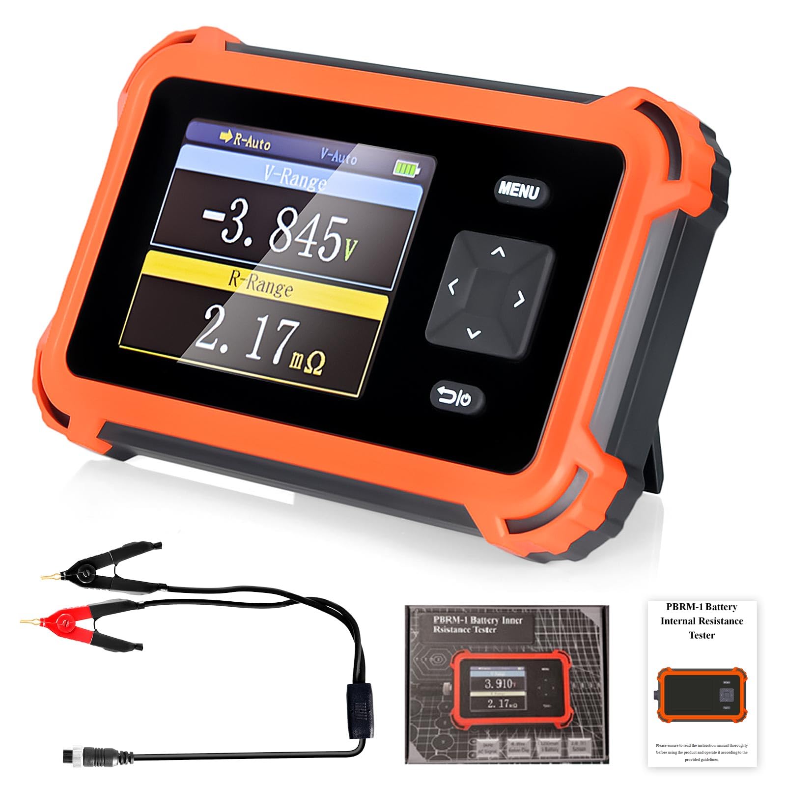 Batterie-Innenwiderstandsmessgerät PBRM-1 mit 4-Draht-Kelvin-Klemmen, 110 V, 100 Ω, 1 kHz Wechselstrom, Tragbares 2,8-Zoll-TFT-Display-Voltmeter, Sortiermodus für Haushalts-/Autobatterietester