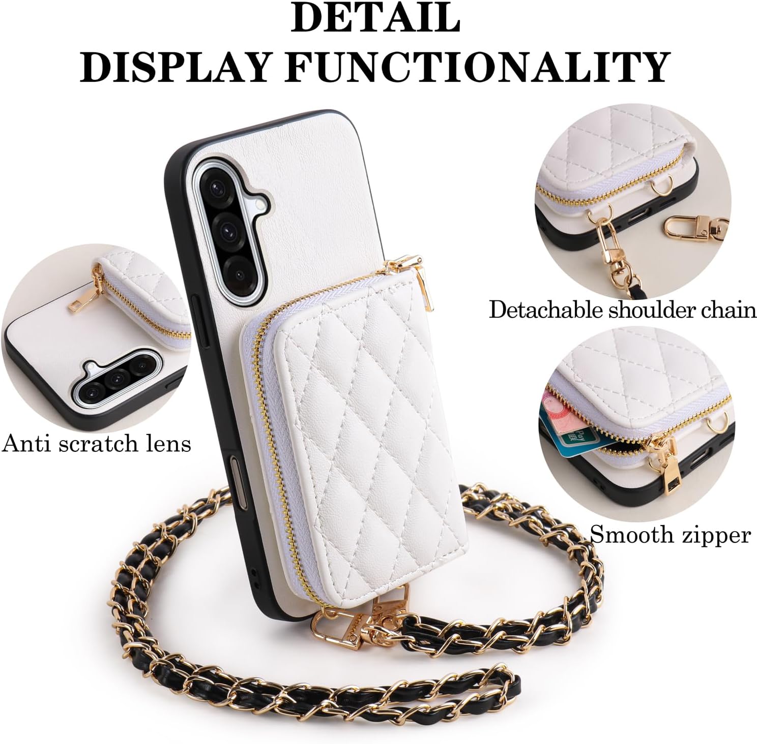 Argyle Wallet Cover for Samsung Galaxy S24 Plus S24+ 5G with Screen Protector Shoulder Strap, PU Leather Zipper Organ Card Holder Stand Phone Case for S24Plus 24S + S 24 24+ Women Girls White
