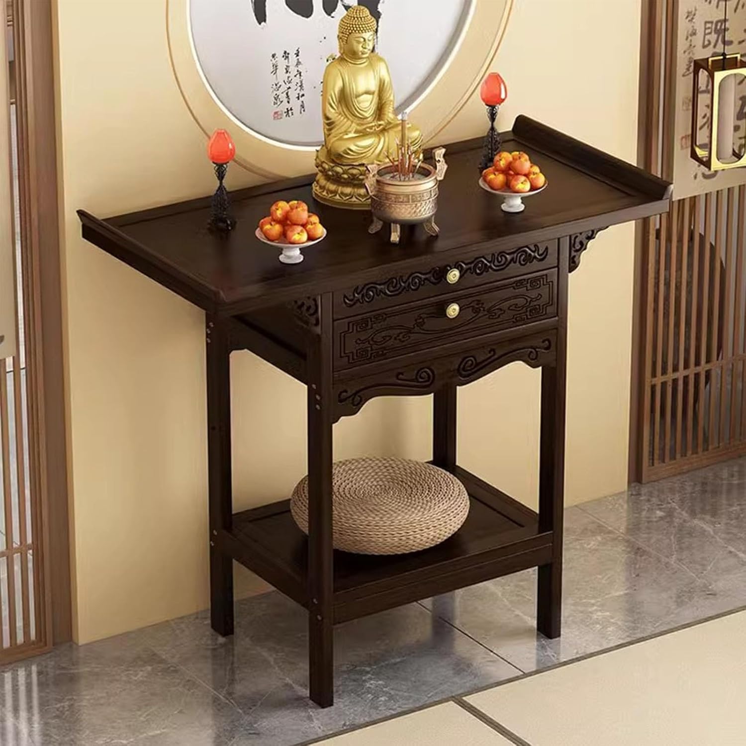 2 Tier Shrine Altar Table, Meditation Table with Drawer, Personal Shrine Stand, Personal Shrine Stand,Altar Cabinet, Chinese Buddha Niche Offering Tables(50x33cm/19.6x13in)