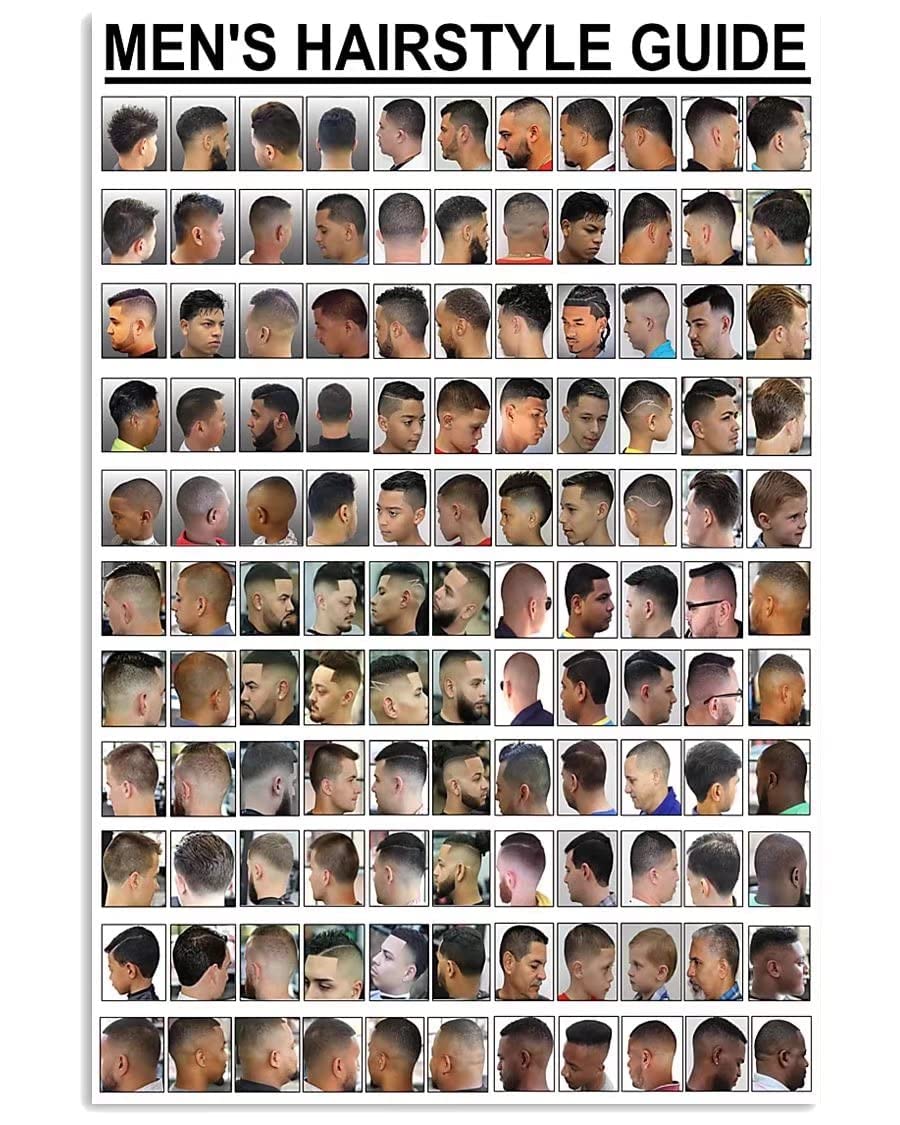 rayprint Salon Art Men's Hairstyle Guide Aluminum Metal Sign Barber Infographic Tin Plaque Posters For Barber Shop Home Club Room Salon Wall Decor 12x16Inches