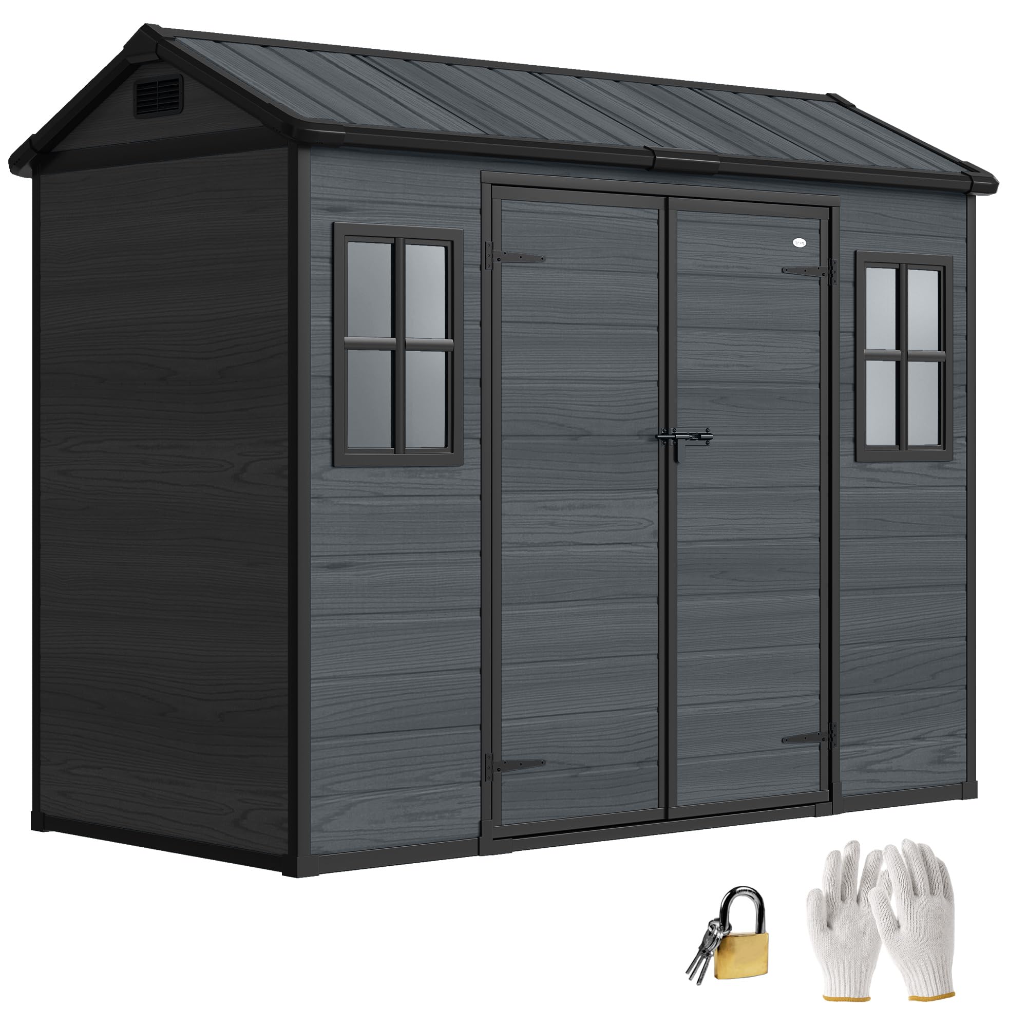 Outsunny 8 x 4 ft Resin Garden Shed, Wood-Effect Outdoor Storage Shed with Floor, Double Windows, Lockable Doors and Vents, for Tools, Bike, Generator, Light Grey — view 10