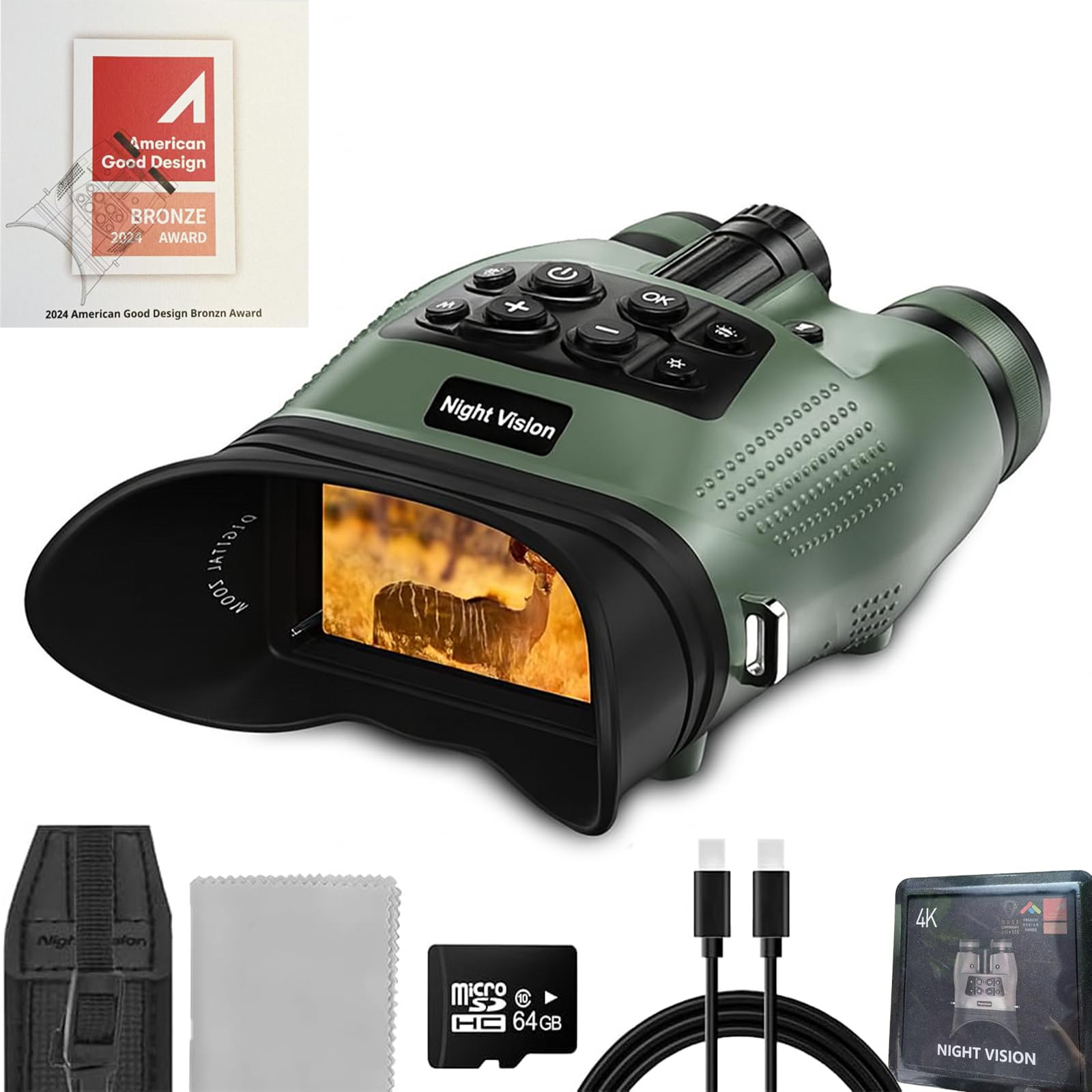 Jumelles de vision nocturne, lunettes de vision nocturne 4K pour adultes avec photo de 48 MP, portée de 5000 m, zoom 8x, batterie 5000 mAh, carte de 64 Go, pour camping, chasse et sécurité