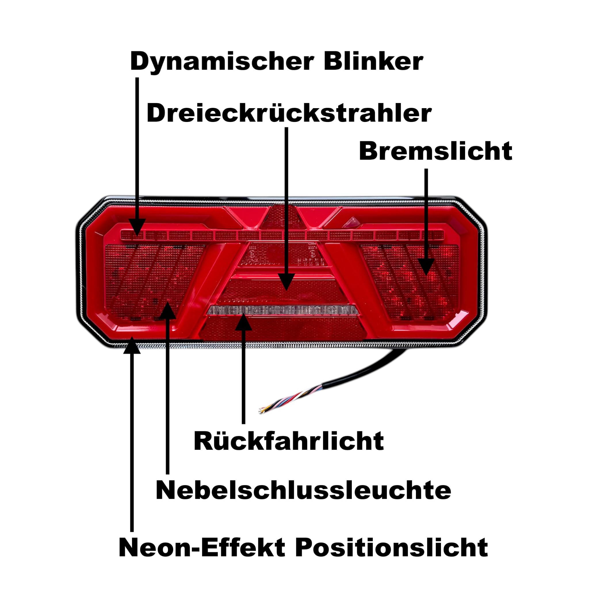Juego de Pilotos Traseros LED para Remolque y Camión, 6 Funciones, Intermitente Dinámico Secuencial, Efecto Neón, 12V 24V, Homologado E9 ECE, 350mm (Par Izquierdo + Derecho)