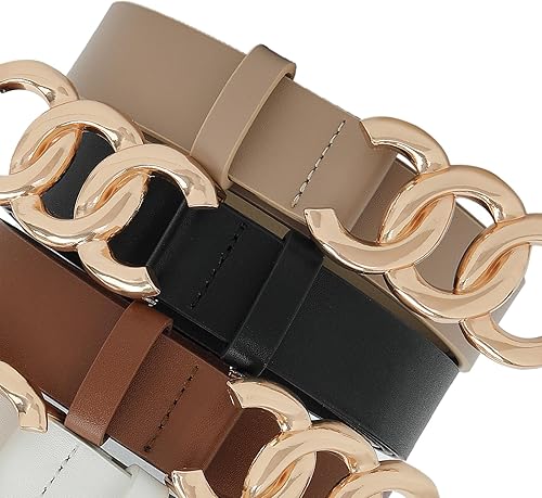 Miniatura 6 de Earnda Paquete de 2 cinturones de mujer para jeans, vestidos de moda, hebilla dorada, cinturón de cintura de piel sintética, tamaño de hasta 41