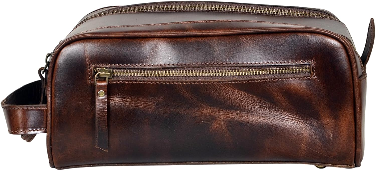 Leather Toiletry Bag for Men With Waterproof Lining, Grooming Travel Kit, Mens Toiletry Bag, Mens Leather Shaving Bag, Handcrafted Vintage Shaving Kit (Combo of 4 Items)