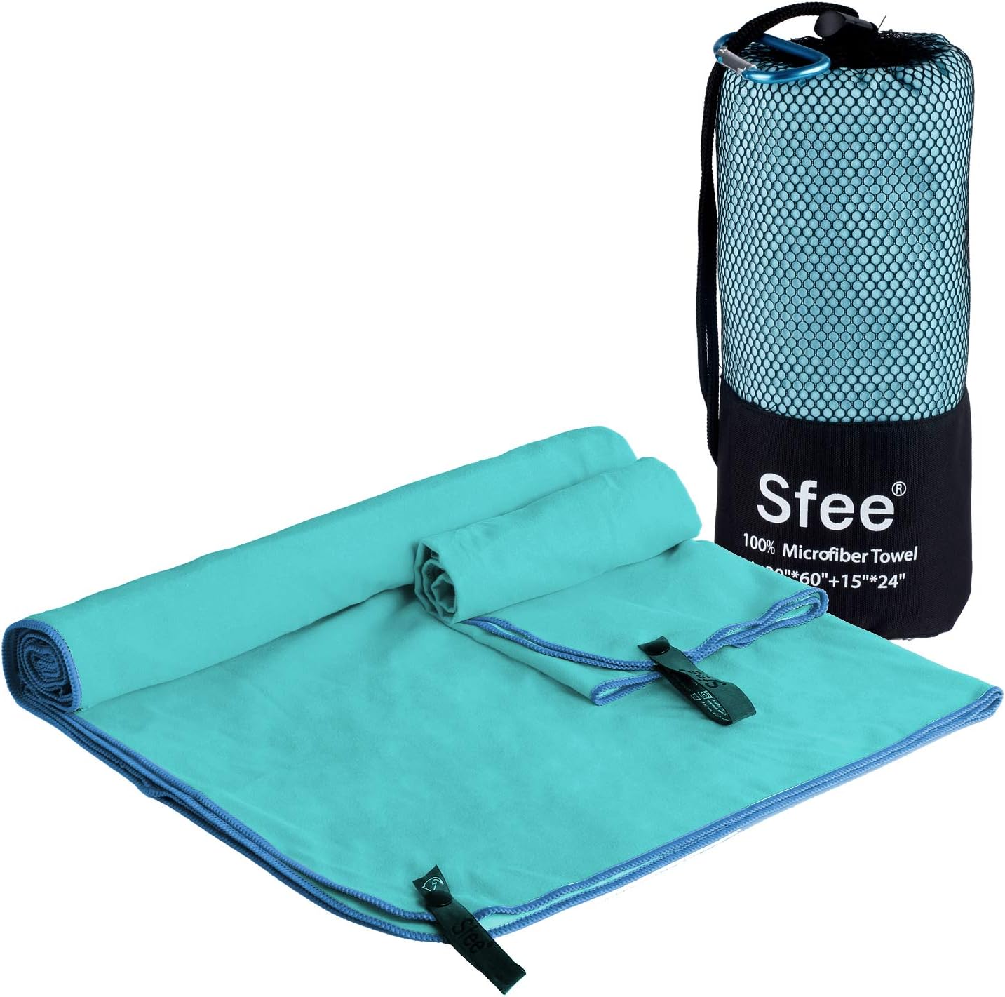 Sfee 2 Pack Camping Towel, Quick Dry Towel Super Absorbent Travel Microfiber Towels, Fast Drying Compact Soft Lightweight Sports Towel Set for Beach, Hiking, Travel, Gym, Backpacking, Pool +Carabiner : Sports & Outdoors