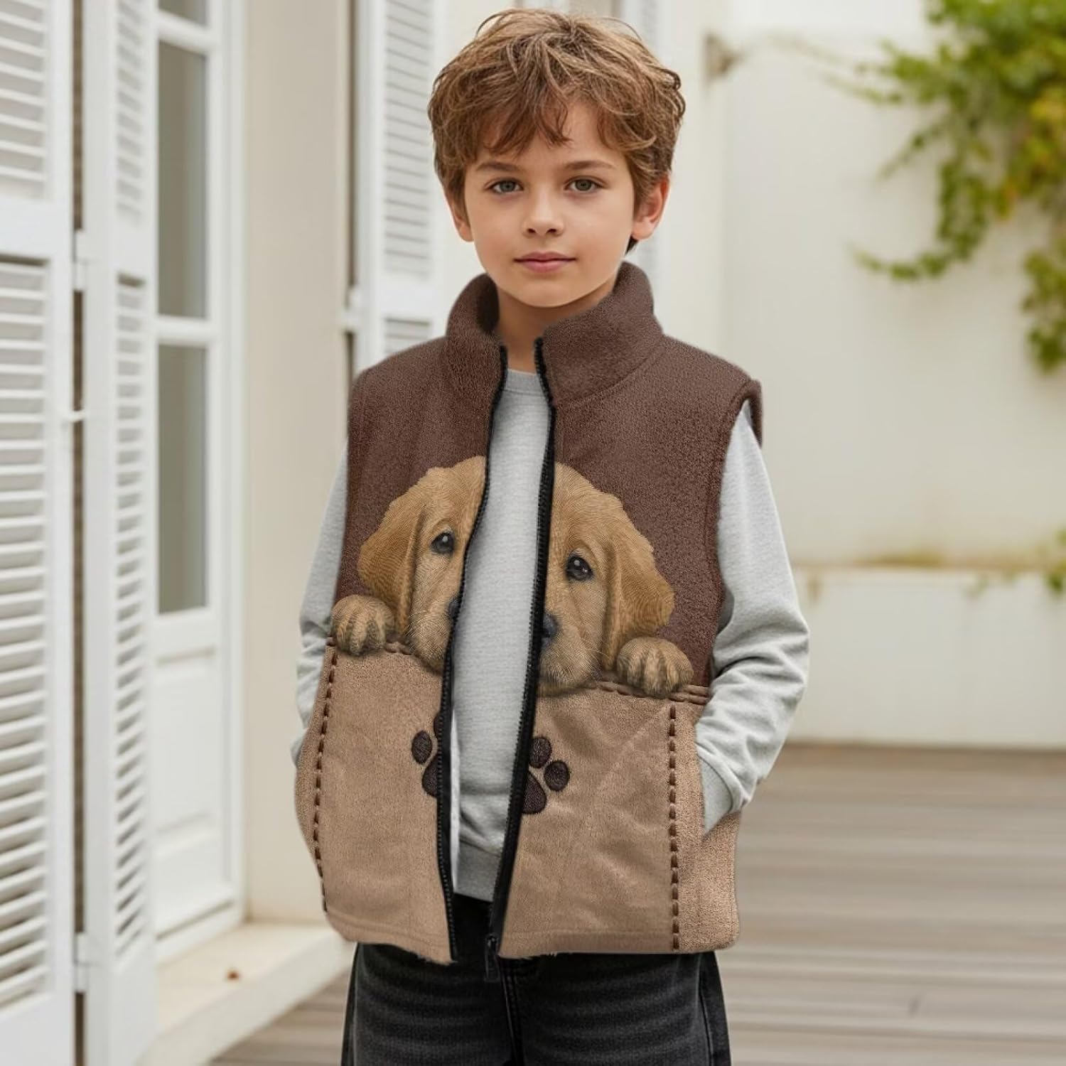 Boys Zip Up Vest Kids Lightweight Fleece Tops Sleeveless Jacket Warm Stand-up Collar Outerwear 2-14 Years