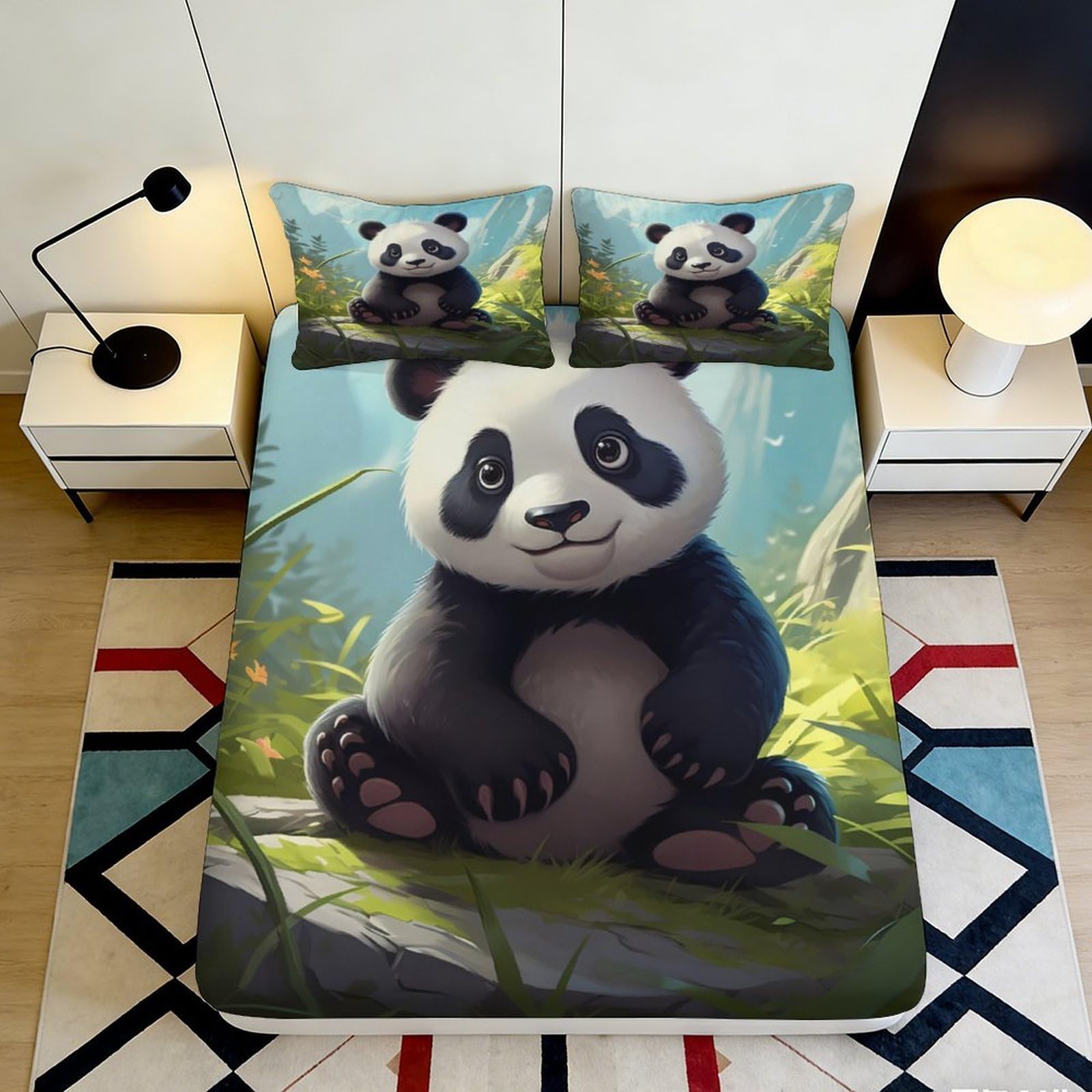 3D Printed Cute Panda Fitted Sheet Microfiber Soft Durable 3D Printed Baby Panda Mattress Cover for Bedroom Dormitory Guest Room Protection 200x200x25cm