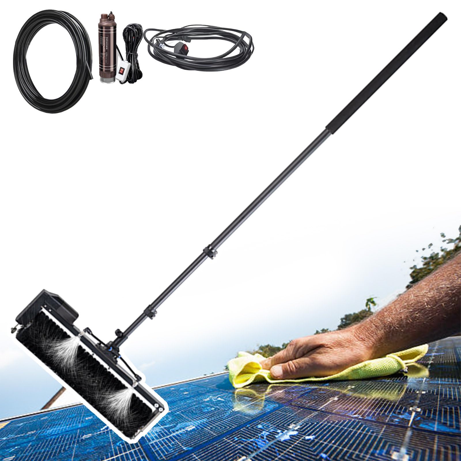Automatisches Solarpanel-Reinigungsset – 360°-Drehbürste, 60 cm Teleskopstange, Fensterreiniger Für Den Außenbereich Mit Wasseranschluss, Nass- Und Trockenreinigung,5.5m/18ft-version