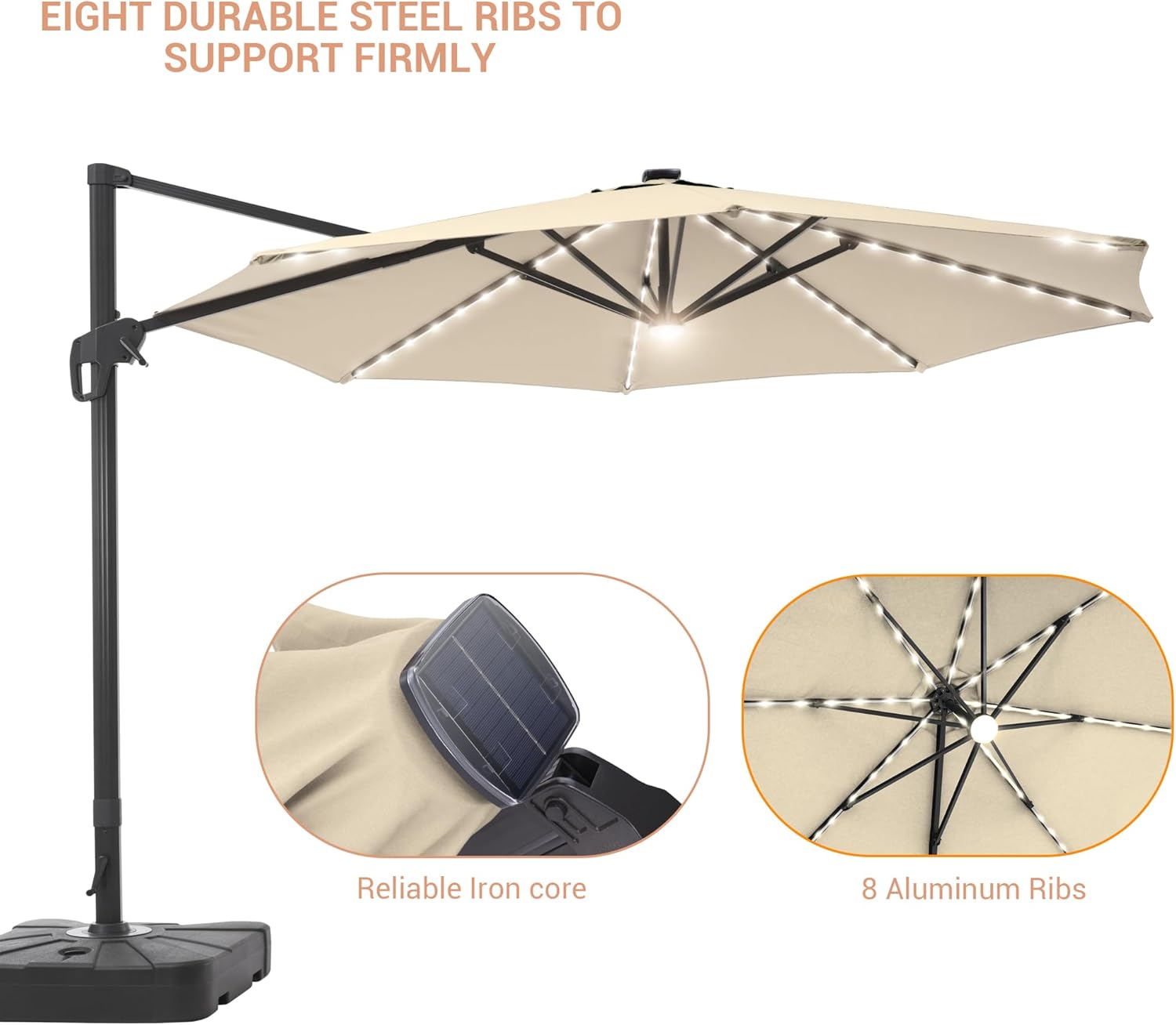 FLAME&SHADE 11FT Patio Umbrella with Solar Lights Outdoor Cantilever Umbrella with Base Aluminum Offset Umbrella with 360 degree Rotation for Garden Deck Backyard Pool