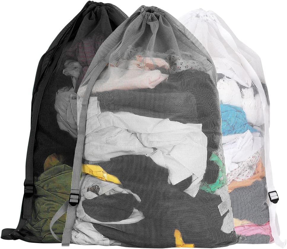 Bolsas de malla para lavandería con correa ajustable para el hombro, nailon resistente de 24" x 36", cierre de cordón, paquete de 3, colores mezclados