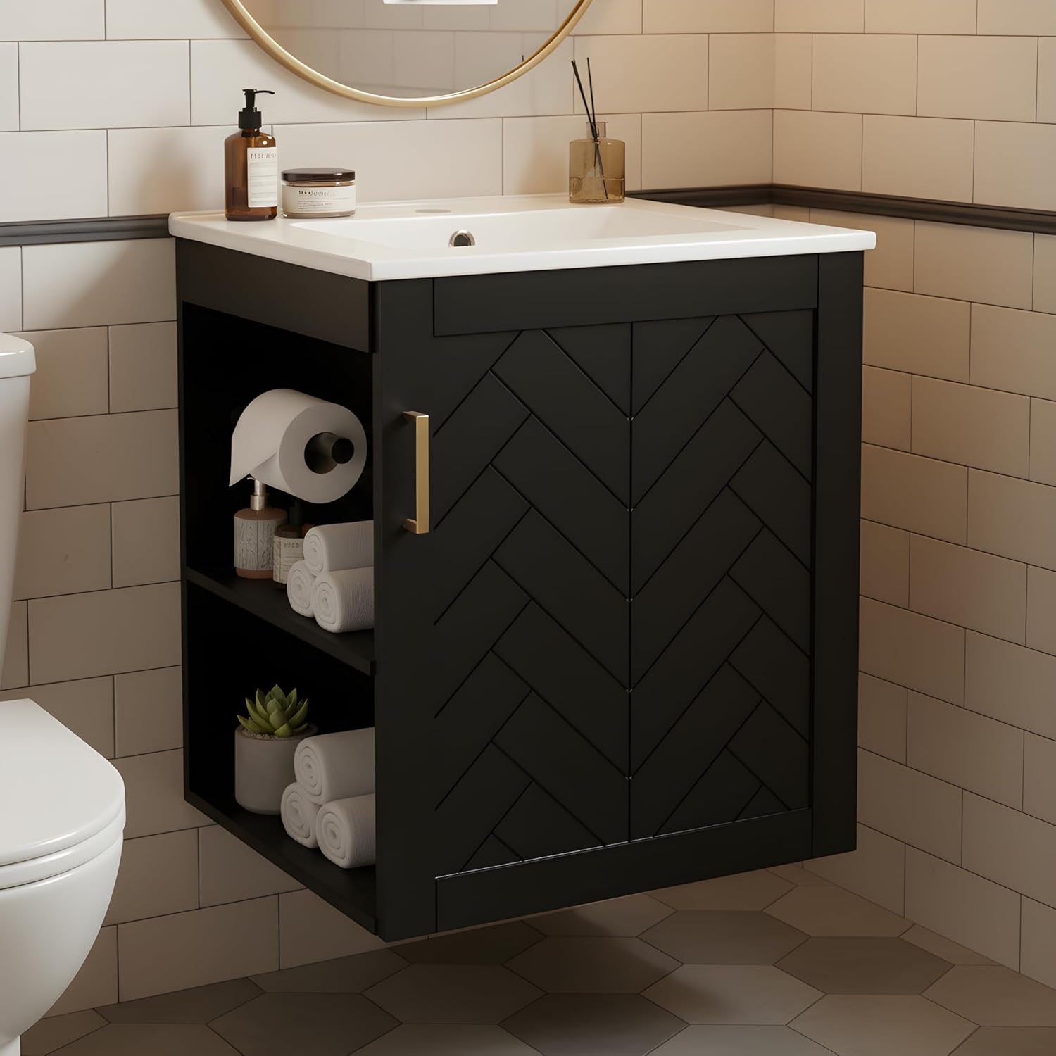 Virubi 20 Inch Wall Mounted Bathroom Vanity with Ceramic Sink, Floating Vanity Cabinet with Open Side Shelves and Built-in Paper Holder, Single Door Storage for Small Bathroom