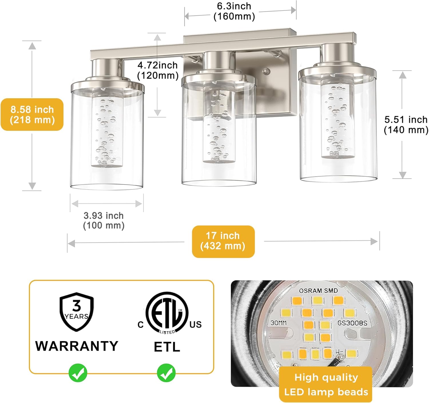 L LOHAS LED 3-Light Brushed Nickel Bathroom Light Fixtures, Crystal LED Bathroom Vanity Lights with Clear Glass Shade, 5CCT Dimmable Vanity Lights for Living Room Hallway with Remote Control