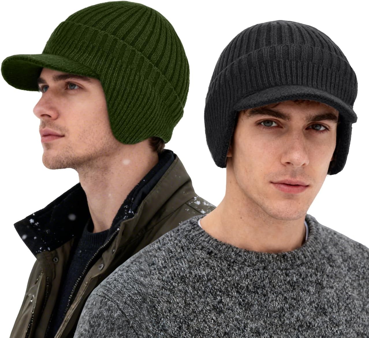 2Pack Men&Women Winter Warm Fleece-Lined Knit Beanie Hats with Visor & Ear Flaps for Cold Weather - Image 2