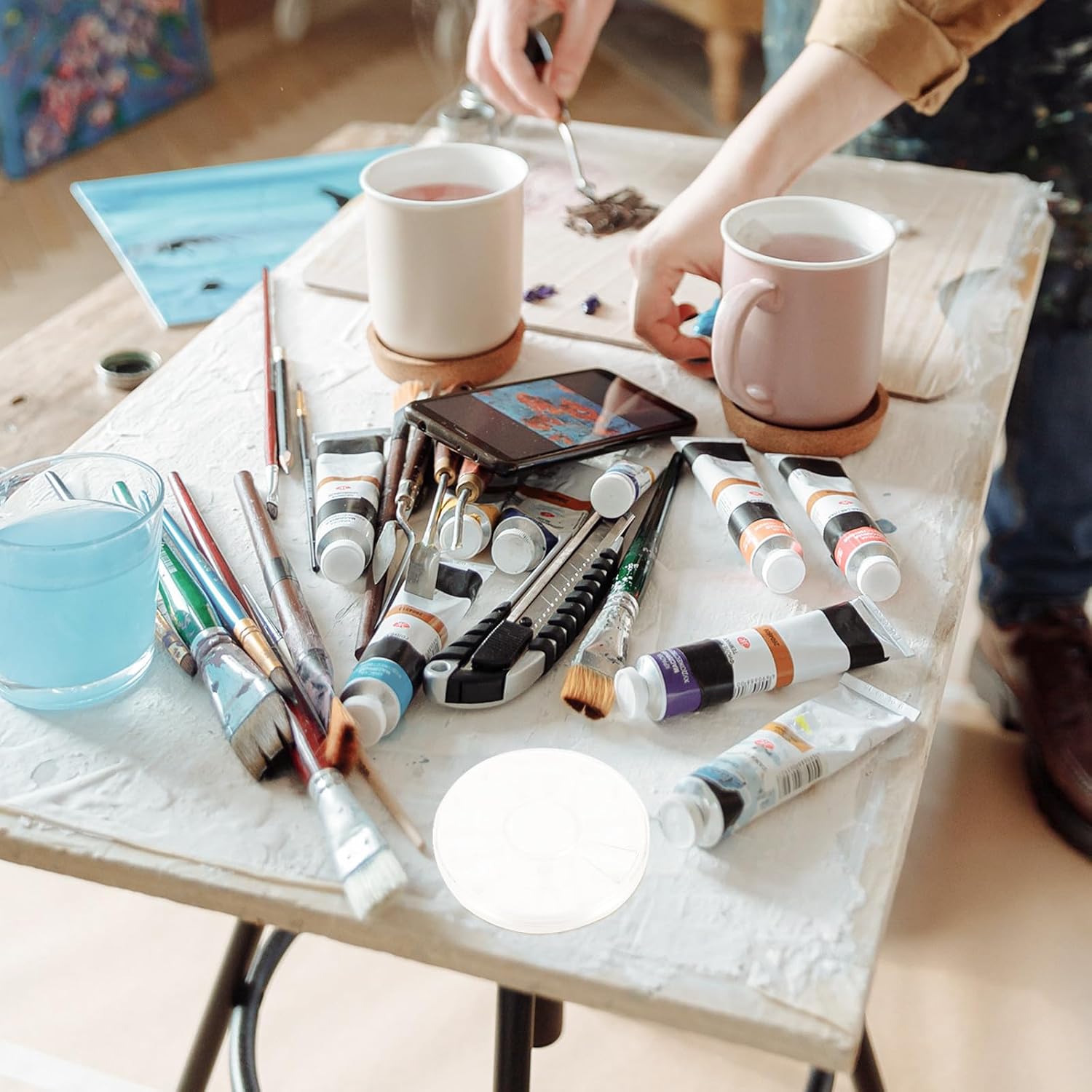 10pcs Round Watercolor Mixing Plates Portable Plastic Palettes for Watercolors and Painting Pigments, White Small Pigment Packaging Plates for Painting