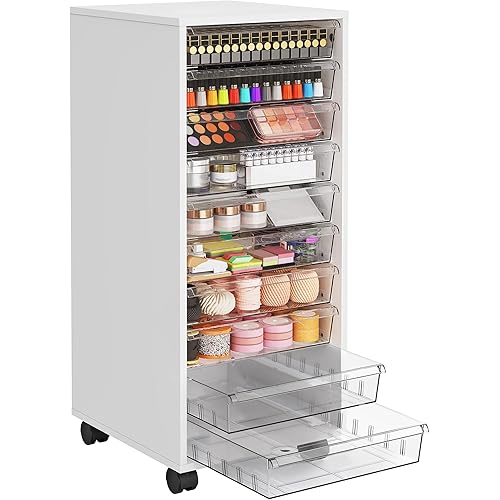 WOPITUES Storage Drawer Cart, Mobile Storage Cabinet, Makeup Storage with 10 Large Clear Drawers, Utility Wooden Rolling Cart on Wheels, for Cosmetic, Art Craft, Office Supplies, Toy, White