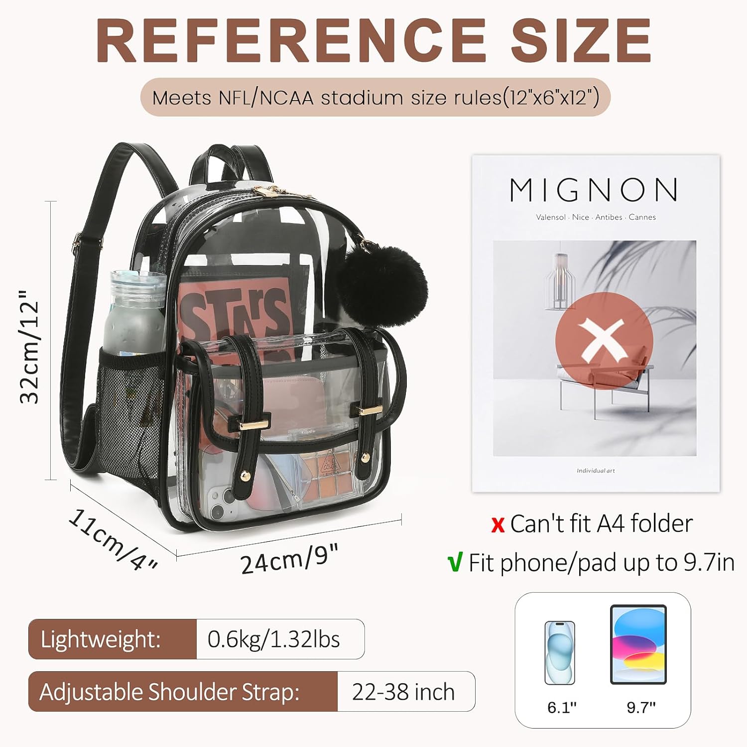 Clear Backpack for Stadium Events, Small Transparent Backpack Mini See Through Bookbag for Women Girls for Concert