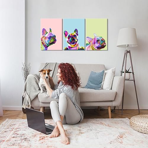 Miniatura 2 de 3 piezas de decoración de arte pop de bulldog francés, arte de pared, decoración de habitación de perro, póster de animal, pintura de bulldog