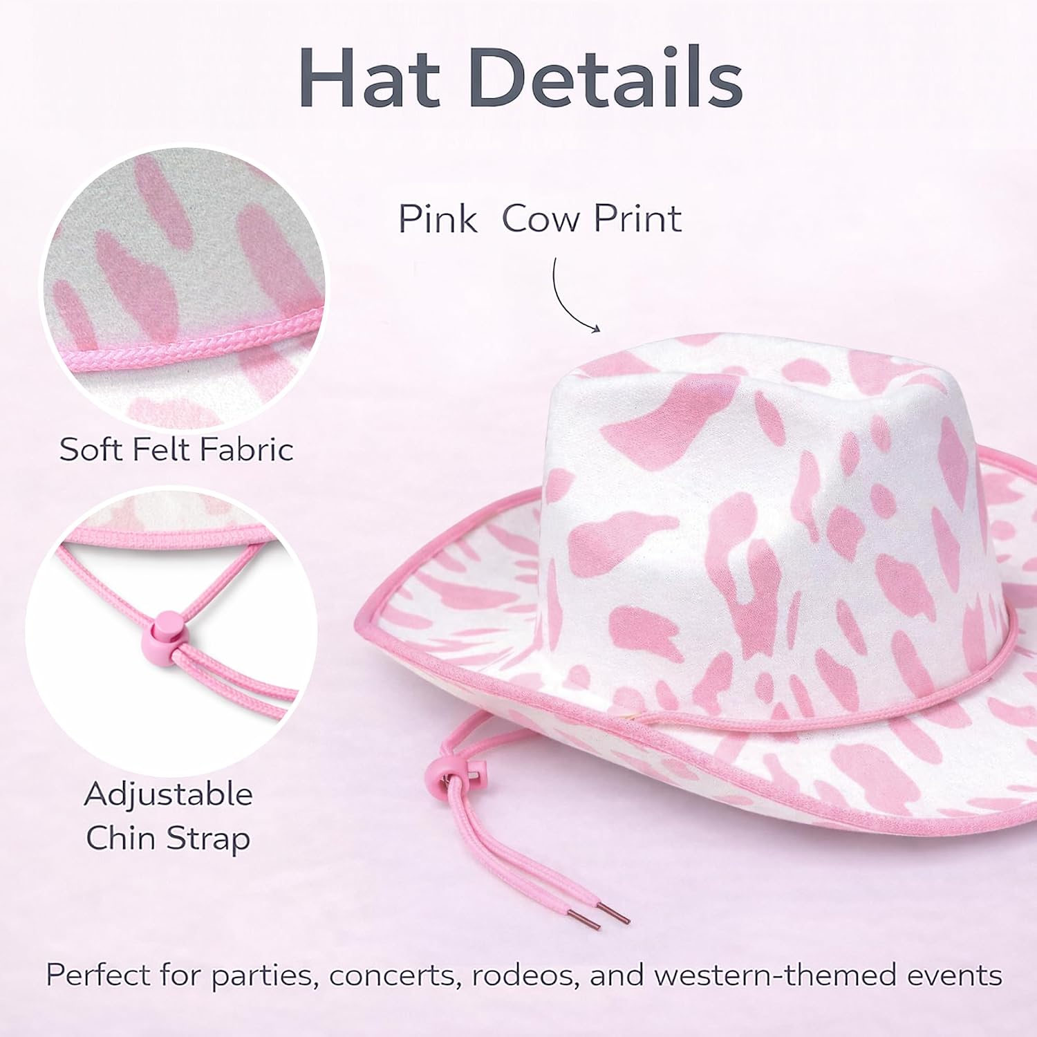 GiftExpress 1pc Cow Print Felt Cowboy Hat Pink and White for Dress-up Party, Country Style, Rodeo, Western Accessories, Unisex
