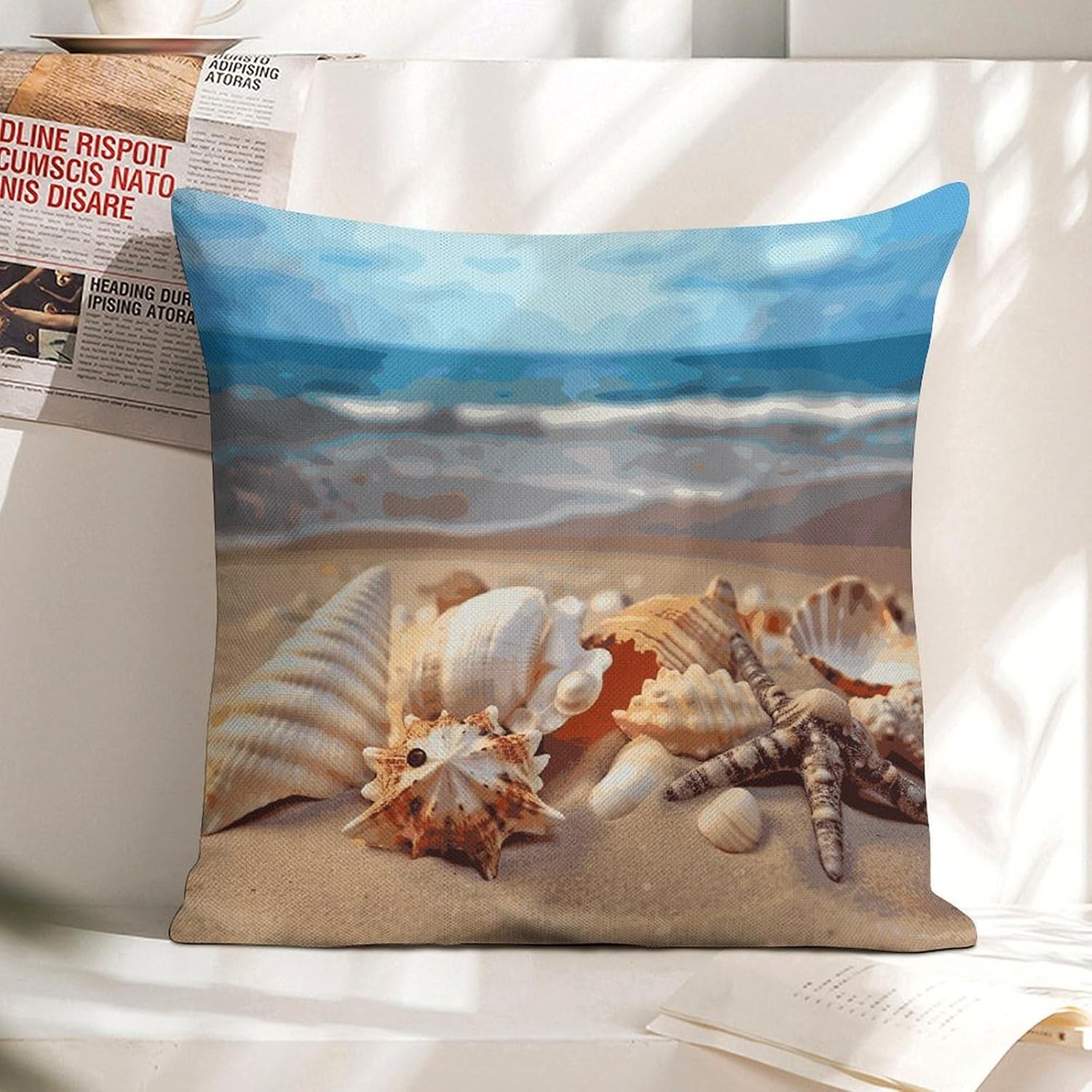 Seashells on The Sandy Beach Pillow Protectors Cute Waterproof Pillow Cover Soft Skin-Friendly Cushion Case Decorative Square Cushion Cover for Couch Sofa Bed Living Room Bedroom