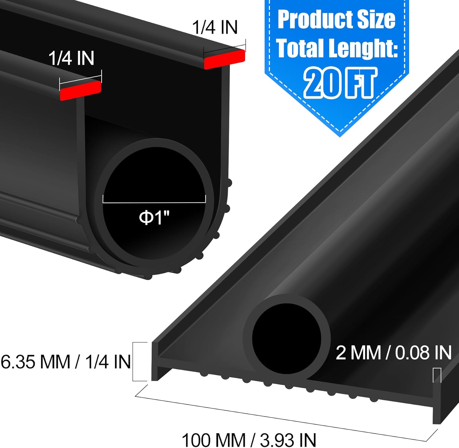 ToLanbbt Garage Door Bottom Rubber Seals 20 FT Garage Door Weather Stripping Kit Seal Strip Replacement with 1/4" T Ends & 2 End Plugs, Universal U+O Ring Weatherproof Rubber Bottom Seal, Black 20 FT Black (1/4" T)