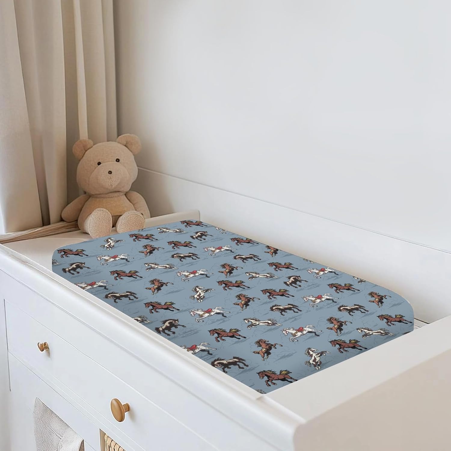 Vintage Wild Horses Baby Changing Pad Covers for Boys Girls Running Horse Fitted Changing Table Mats Wild Western Cowboy Animal Soft Diaper Changing Table Sheets for 32''×16'' Contoured Pad Blue