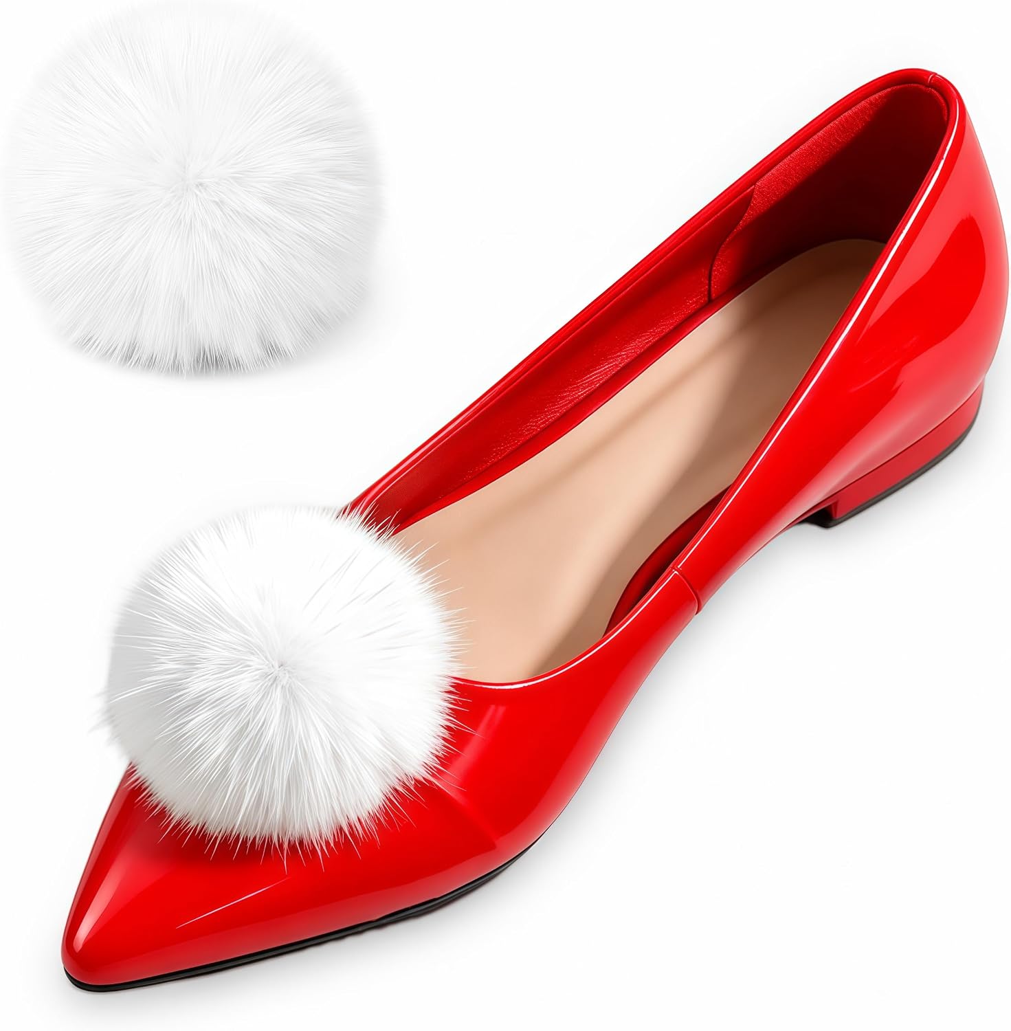 2 Pcs Small Pom Pom Shoe Clips, 1.97 Inch Removable Fluffy Faux Fur Ball Shoe Decoration for Women, Halloween Fairy Costume Accessories, Tinkerbell Puff Balls, White Puff Balls for Shoes