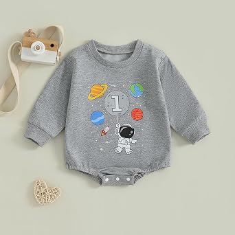 Baby Boy First Birthday Outfit Infant One Year Birthday Romper Space Astronaut Long Sleeve Bodysuit Sweatshirt