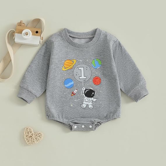 Baby Boy First Birthday Outfit Infant One Year Birthday Romper Space Astronaut Long Sleeve Bodysuit Sweatshirt