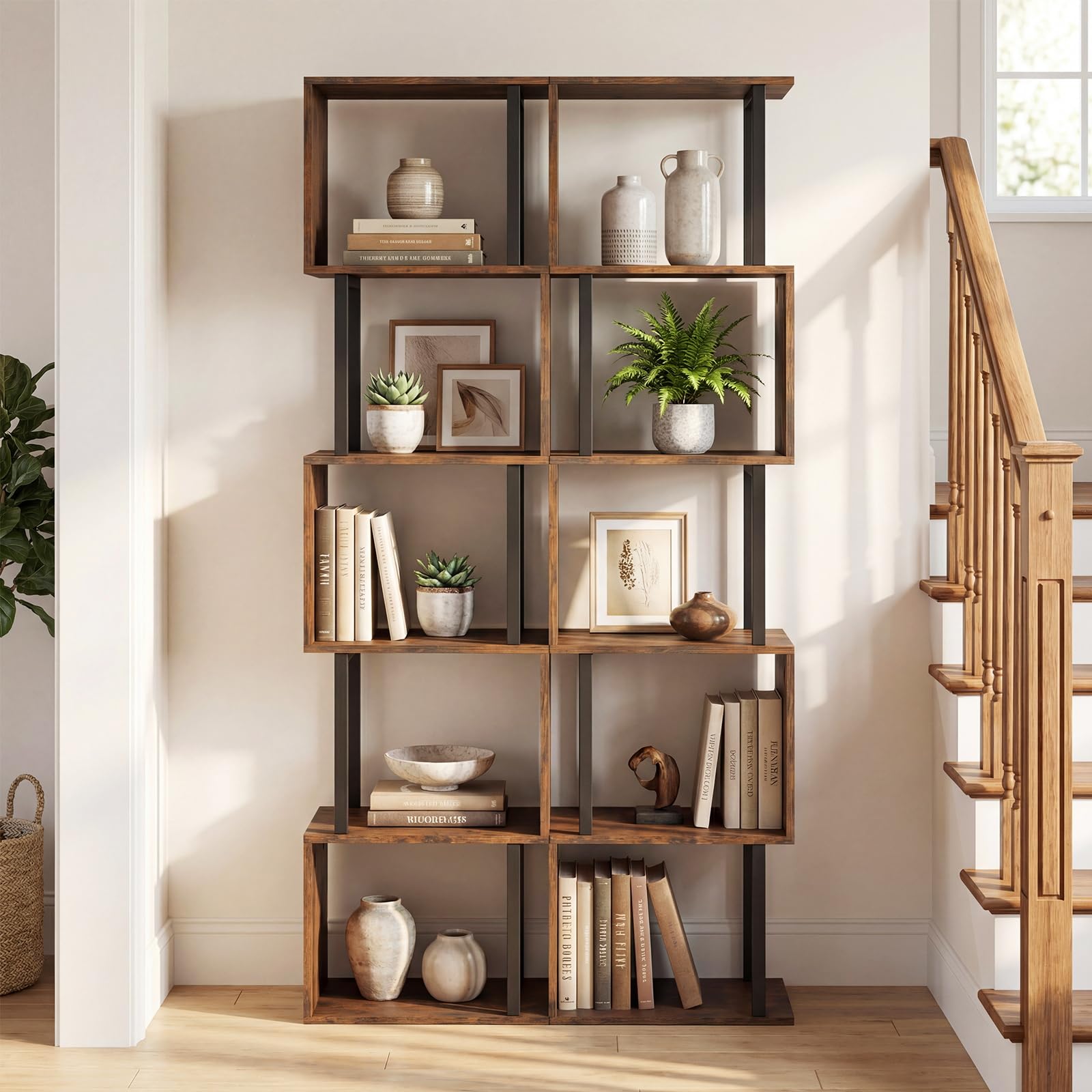 COSTWAY Libreria a 5 Livelli in Legno, Scaffale Espositore Geometrico con Struttura in Metallo, Mobile Portaoggetti Salvaspazio per Camera da Letto Soggiorno Ufficio, 38x23x147 cm (Marrone Rustico)