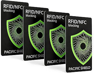 PACIFIC SHIELD RFID Blocking Card, 4 Pack, Contactless Protector for Wallet | Protects Credit Cards, ID & Passports from Electronic Theft, NFC Travel Security Defender