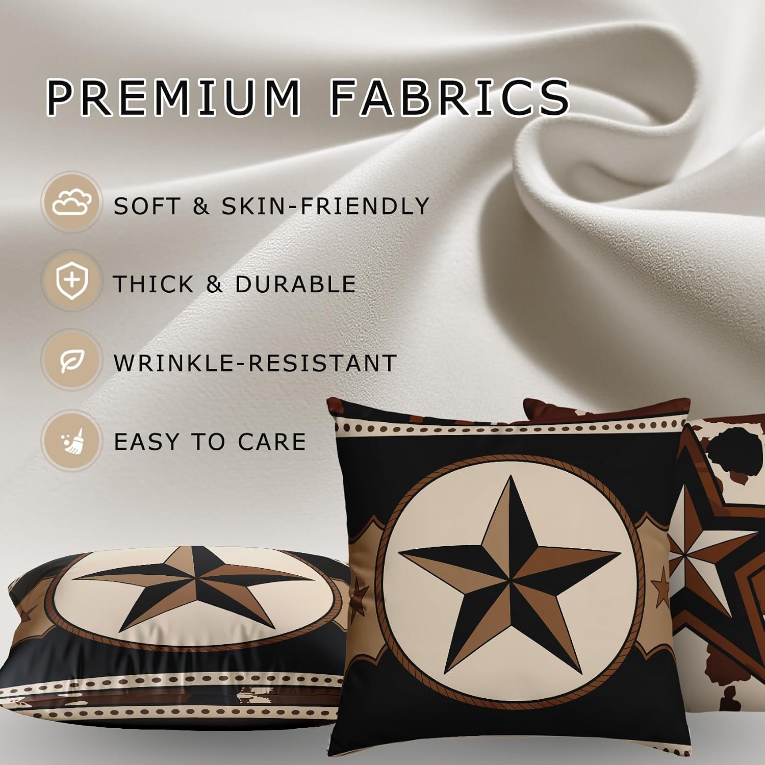 Western Throw Pillow Covers 18x18 - Texas Star Cowboy Brown Farmhouse Pillow Cases Set of 2 Double Sided Print, Soft Sofa Pillowcases for Living Room Decor