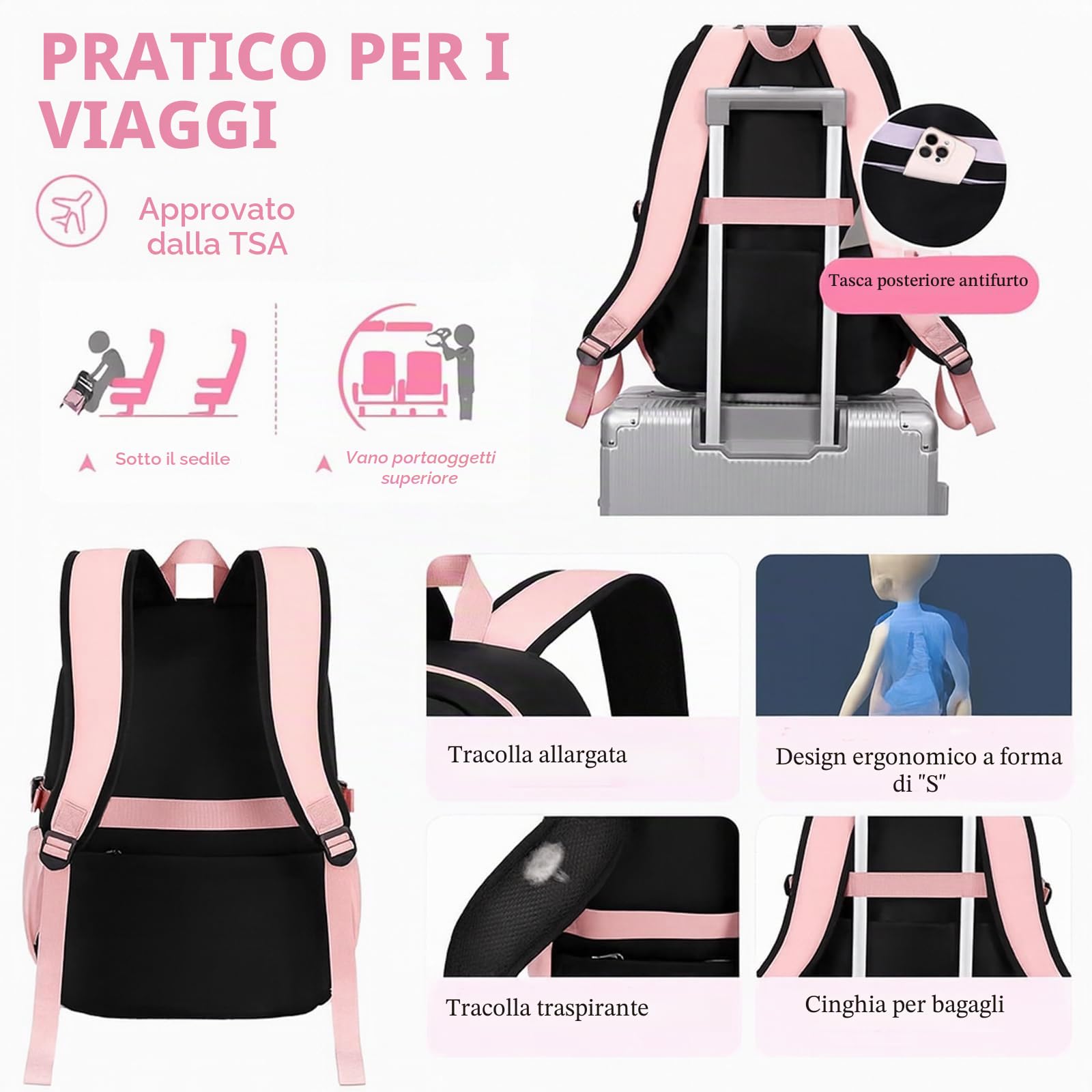 Elegante set di 3 zaini per la scuola per ragazze: impermeabile e leggero con borsa per il pranzo e astuccio, nylon di grande capacità
