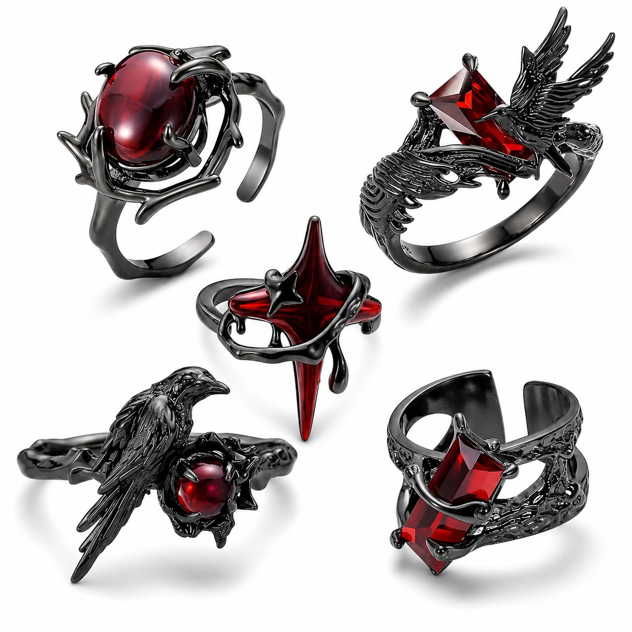 5-Piece Gothic Rings Set, Rings for Men, Gothic Jewellery, Dark Aesthetic Black Ring for Men, Fashion Jewelry Accessories-image-27
