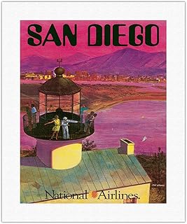 San Diego USA - Cabrillo Monument Lighthouse - National Airlines - Vintage Airline Travel Poster by Bill Simon c.1960s - Fine Art Rolled Canvas Print 16in x 20in