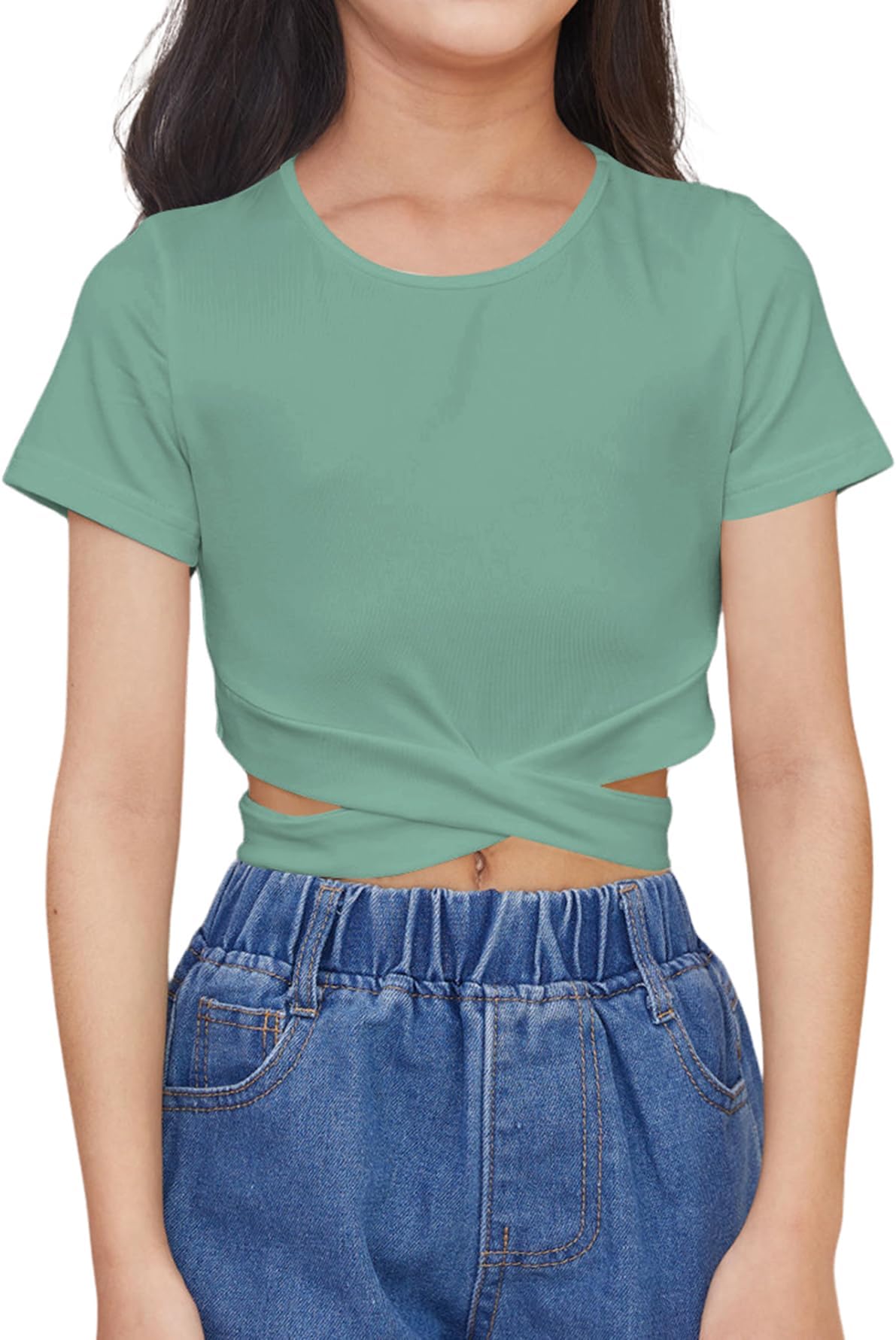 OYOANGLE Girl's Cute Crisscross Short Sleeve Cutout Solid Crop Top Tee T-Shirts