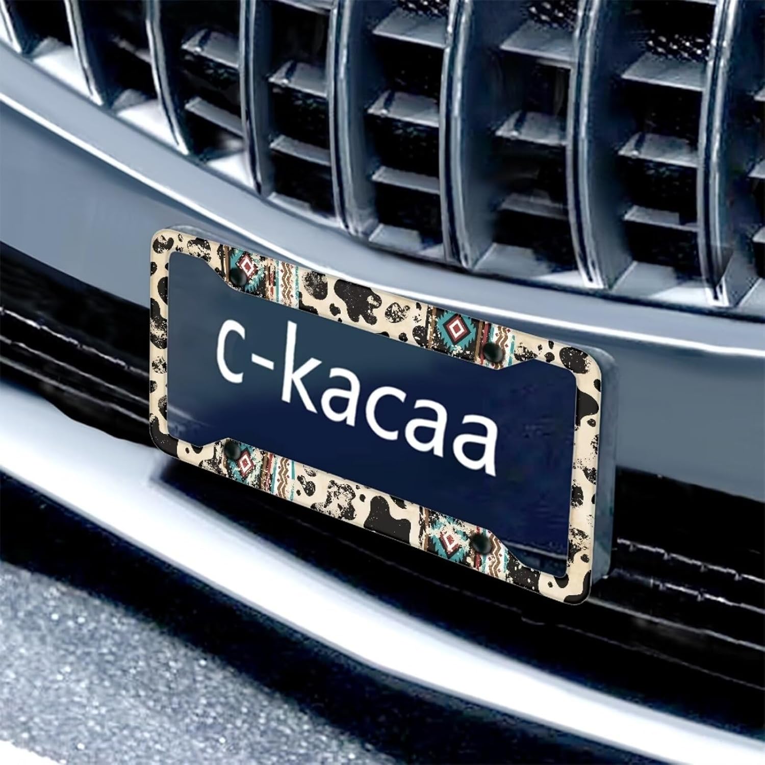 Wanyint Aztec Cow Print Retro Car License Plate Frame for Women Men, Novelty Vanity Tag for Car SUV Truck Vans Decorative Accessories with Screws