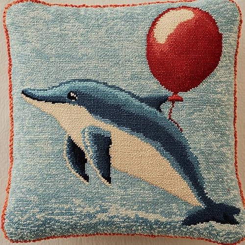 Kit gancio di chiusura fai da te Kit per federa Un simpatico delfino che gioca con i palloncini,kit da ricamo per cuscino con fasci di filati colorati,tela,strumento,43x43cm