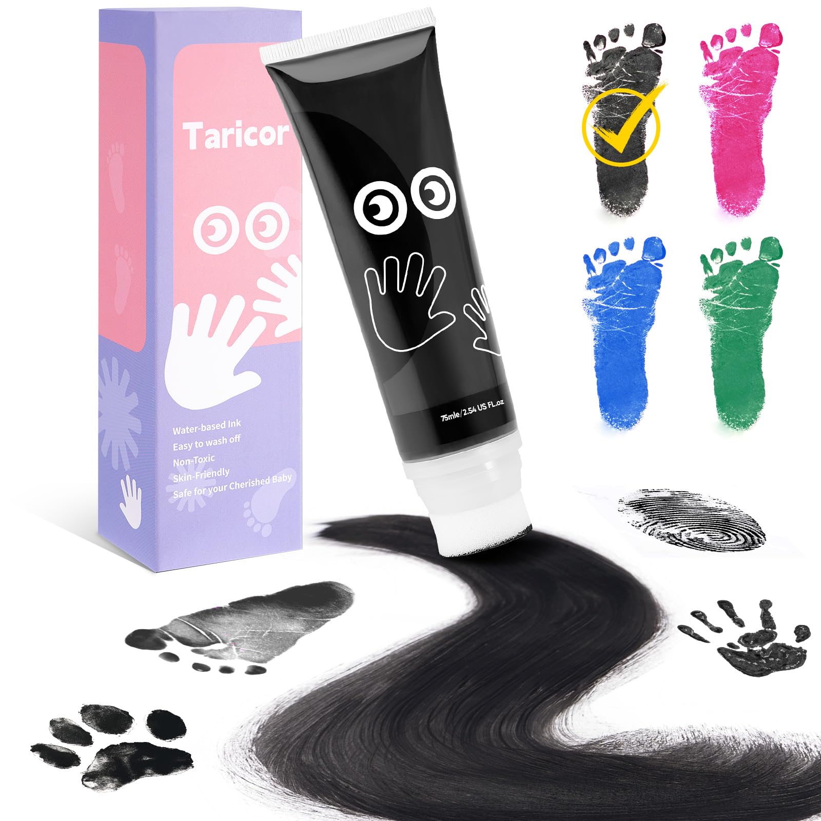 Taricor Huellas Bebe Recien Nacido, 75ml Huella Mano Pie Bebe Con Esponja, No Tóxicas Pintura Huellas Bebe, Tinta para Huellas Bebe para Regalo De Bautizo, Ideal Para Guardería, Escuela y Hogar