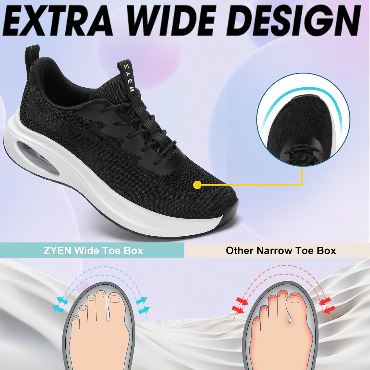 ZYEN Wide Toe Box Shoes Women Air Cushion Road Running Shoes Extra Wide Width Sneakers Arch Support Gym Athletic Tennis Sneakers Lightweight Breathable Walking Shoes 8811 Black 38 - Image 2