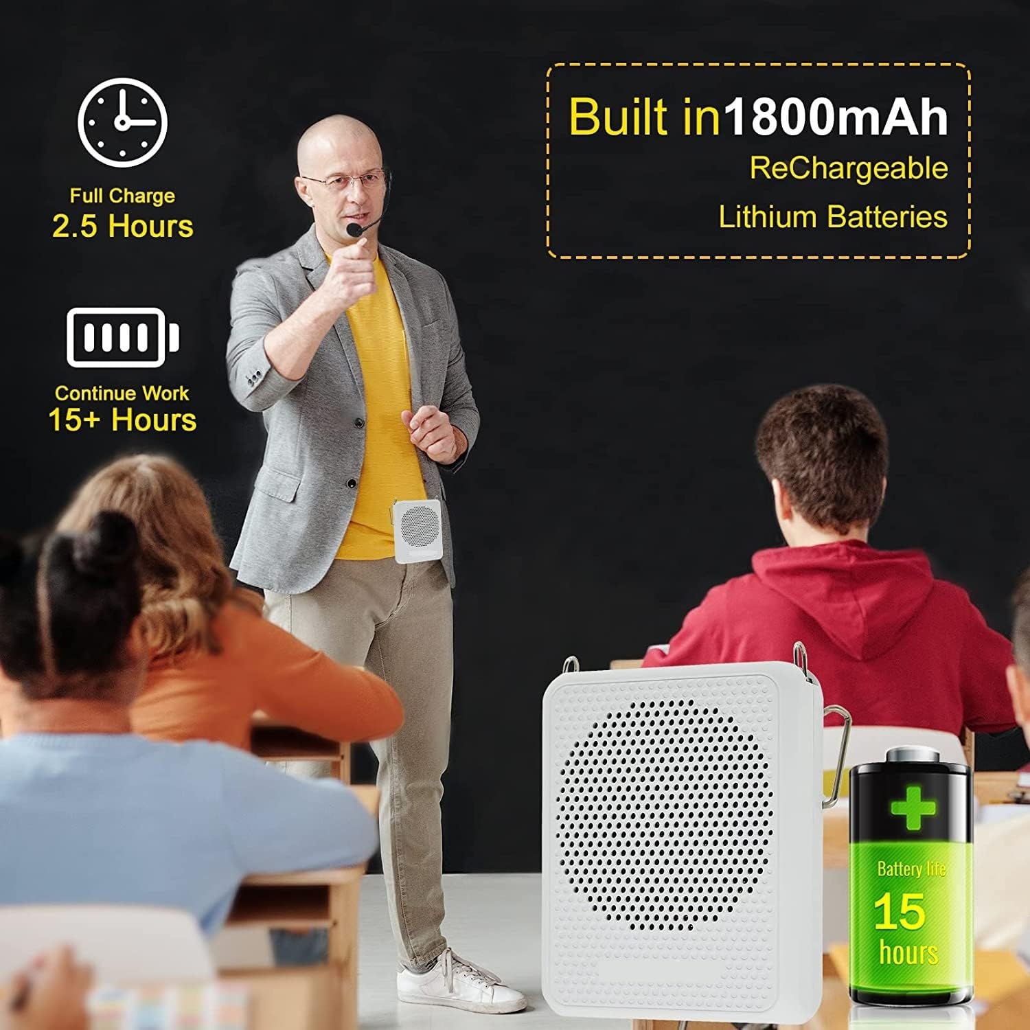 Amplificatore Vocale, E126A Amplificatore vocale portatile con microfono cablato, cuffia e cintura(Noir)